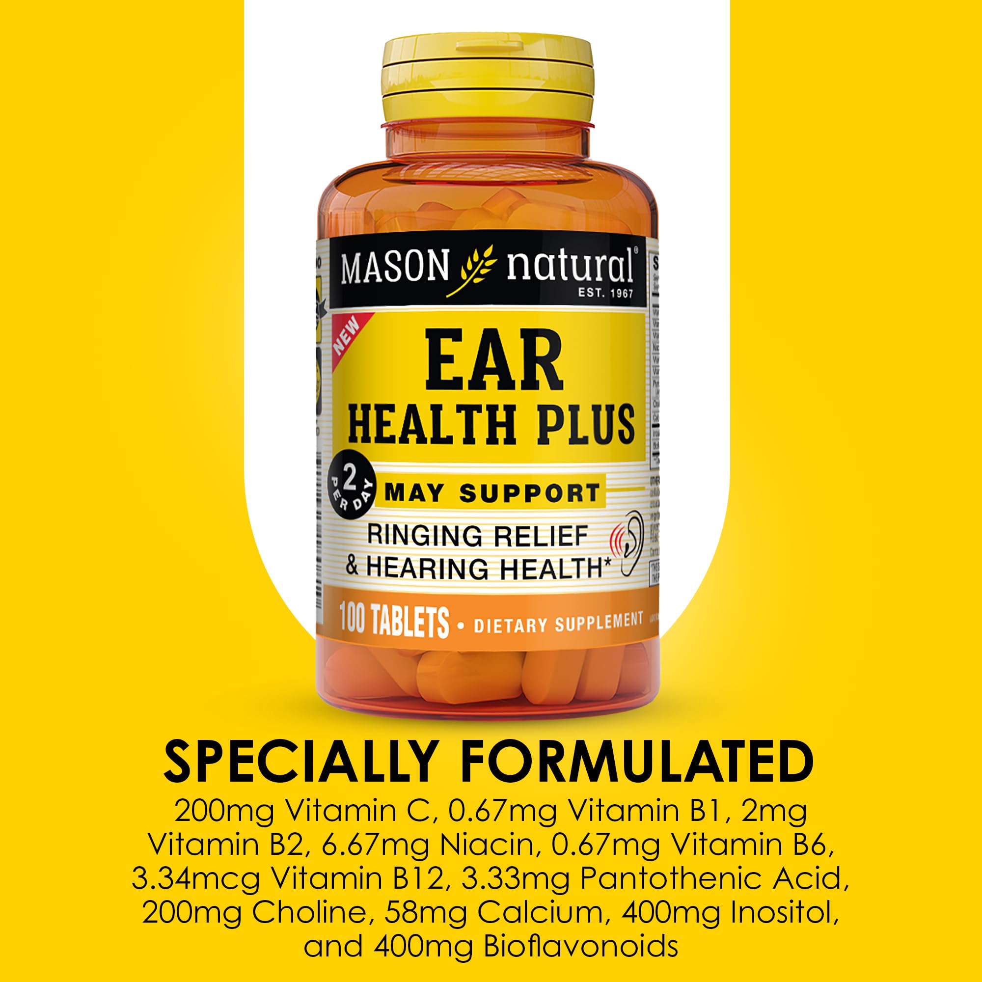 Mason Natural Ear Health Plus — étiquette montrant les ingrédients clés.