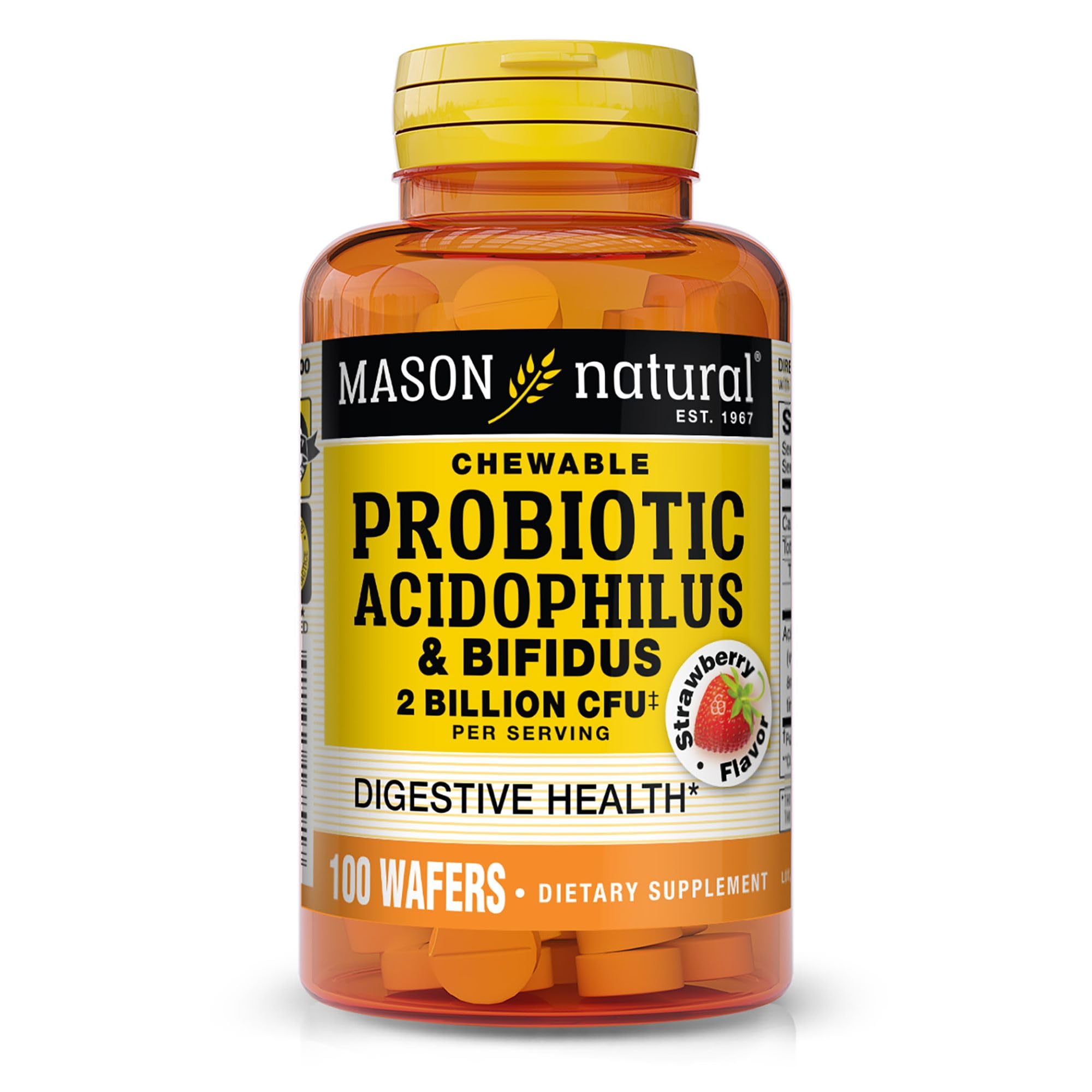 Mason Natural Probiotique Acidophilus-Bifidus, galettes fraise, soutien digestion normale.