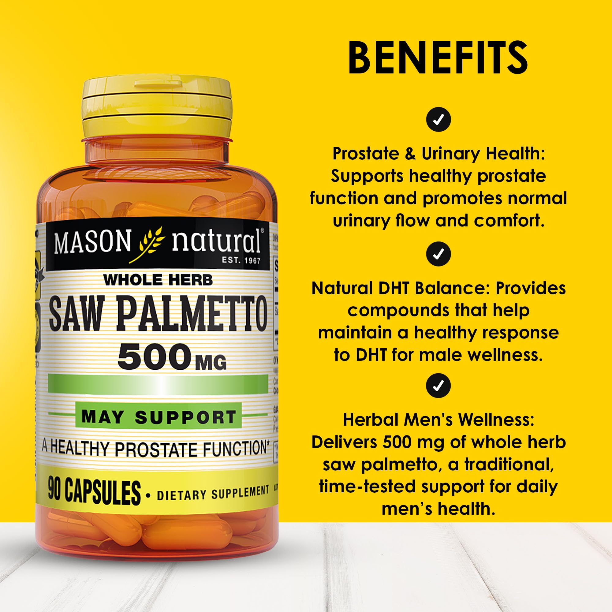 Présente gélules Serenoa Repens dans la boîte Mason Natural, usage quotidien pratique.