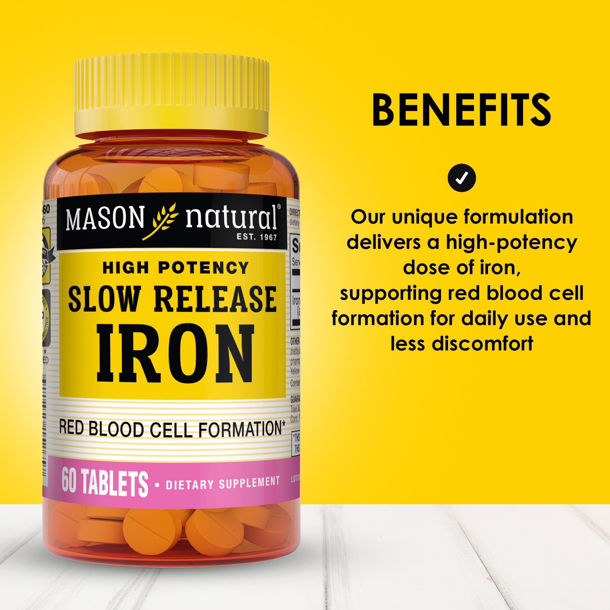 Étiquette Mason Natural indiquant dosage et conseils d'utilisation du fer.