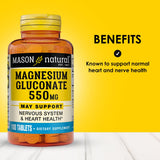 Mason Natural tablettes magnesium gluconate 550 mg, faciles à avaler pour une utilisation quotidienne