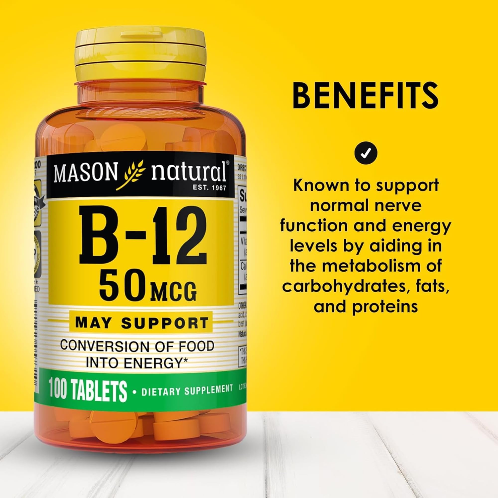 Mason Natural vitamine B12 50 mcg avec calcium – étiquette claire pour vérifier les ingrédients.