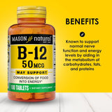 Mason Natural vitamine B12 50 mcg avec calcium – étiquette claire pour vérifier les ingrédients.