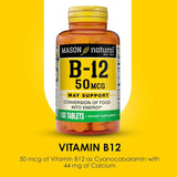 Mason Natural vitamine B12 50 mcg avec calcium – format pratique pour prise quotidienne.