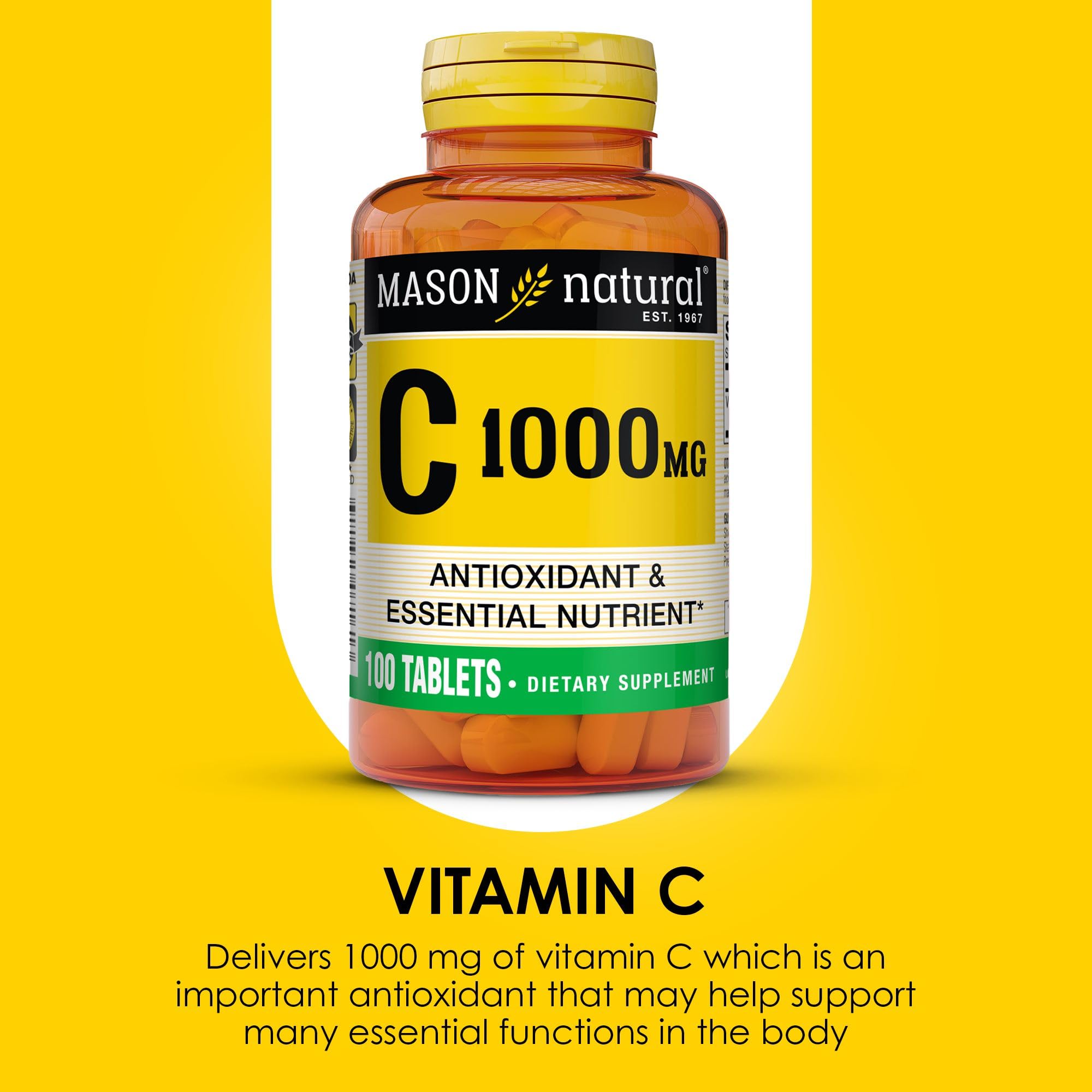 Flacon MASON NATURAL vitamine C 1000 mg, dosage journalier simple.