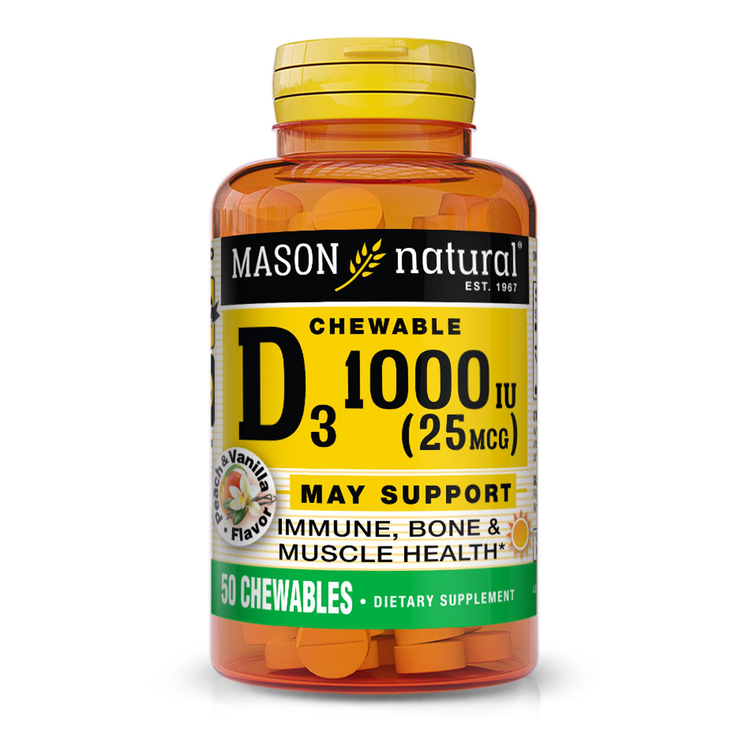 Mason Natural D3 1000 UI, comprimés à croquer pêche vanille, bouteille visible, soutien calcium potentiel