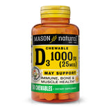 Mason Natural D3 1000 UI, comprimés à croquer pêche vanille, bouteille visible, soutien calcium potentiel