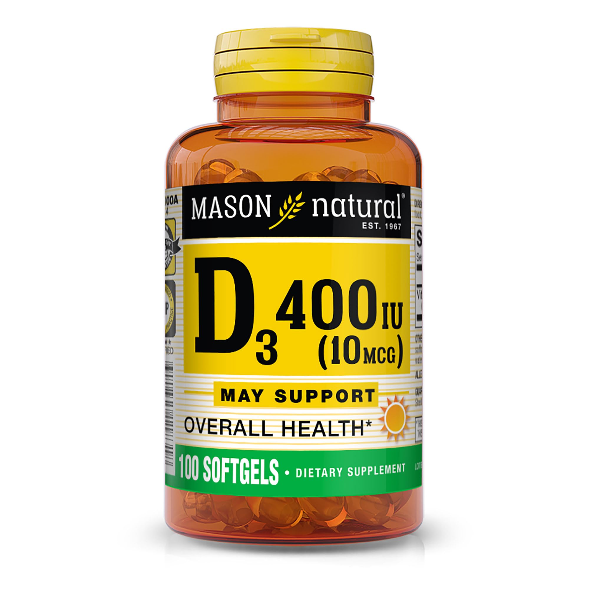 Mason Natural: bouteille de vitamine D3 400 UI, pour le soutien potentiel de la santé globale.