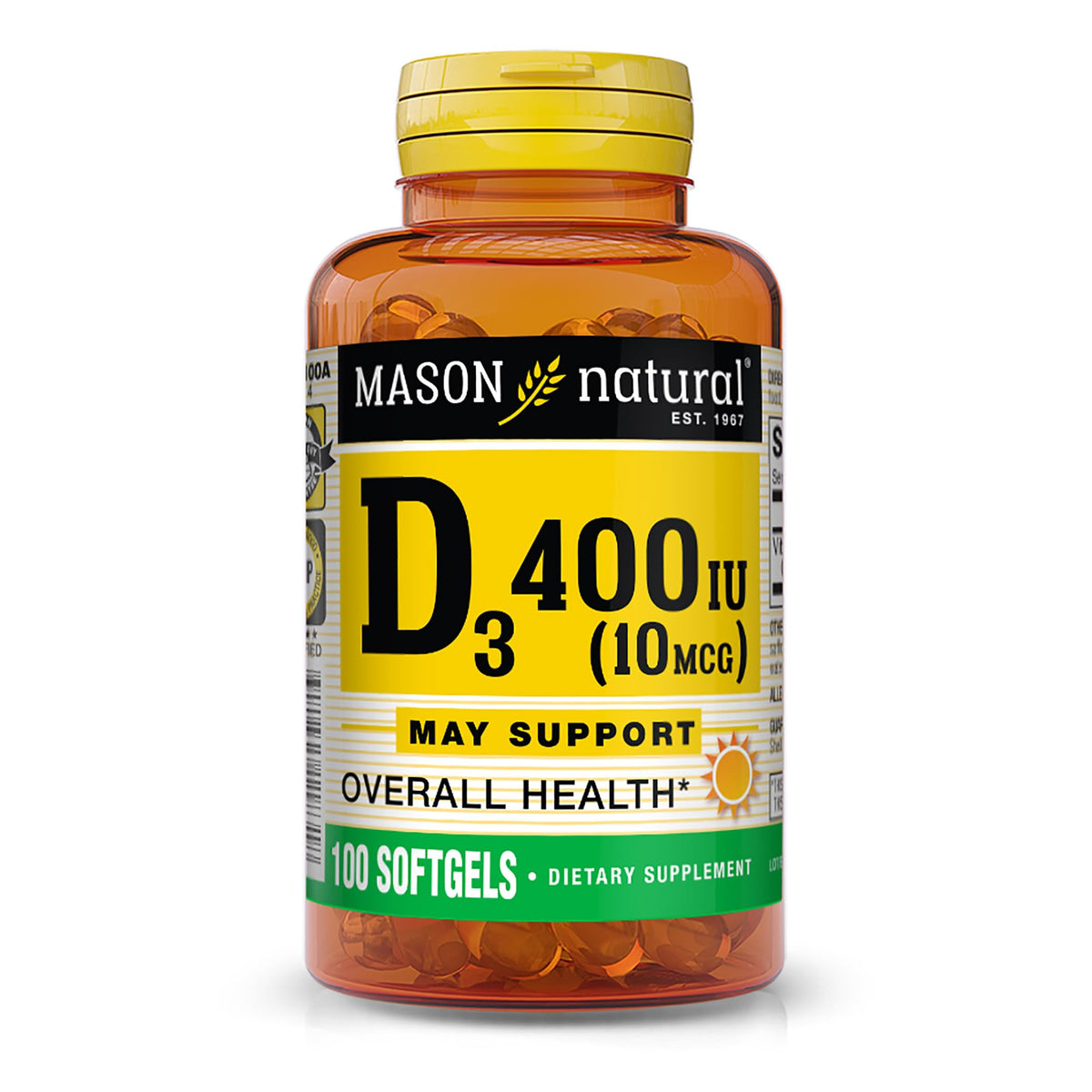 Mason Natural: bouteille de vitamine D3 400 UI, pour le soutien potentiel de la santé globale.