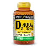 Mason Natural: bouteille de vitamine D3 400 UI, pour le soutien potentiel de la santé globale.