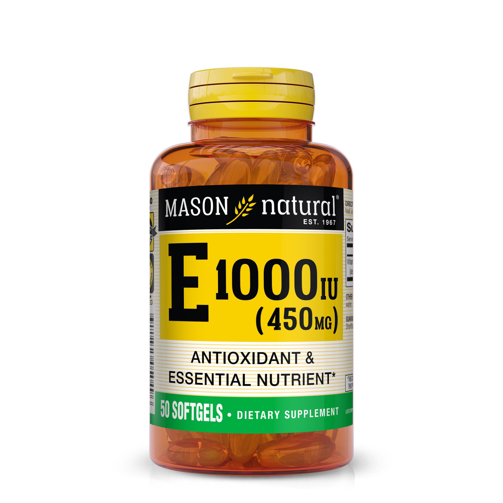 Mason Natural Vitamine E - bouteille et gélules pour le soutien cellulaire quotidien.