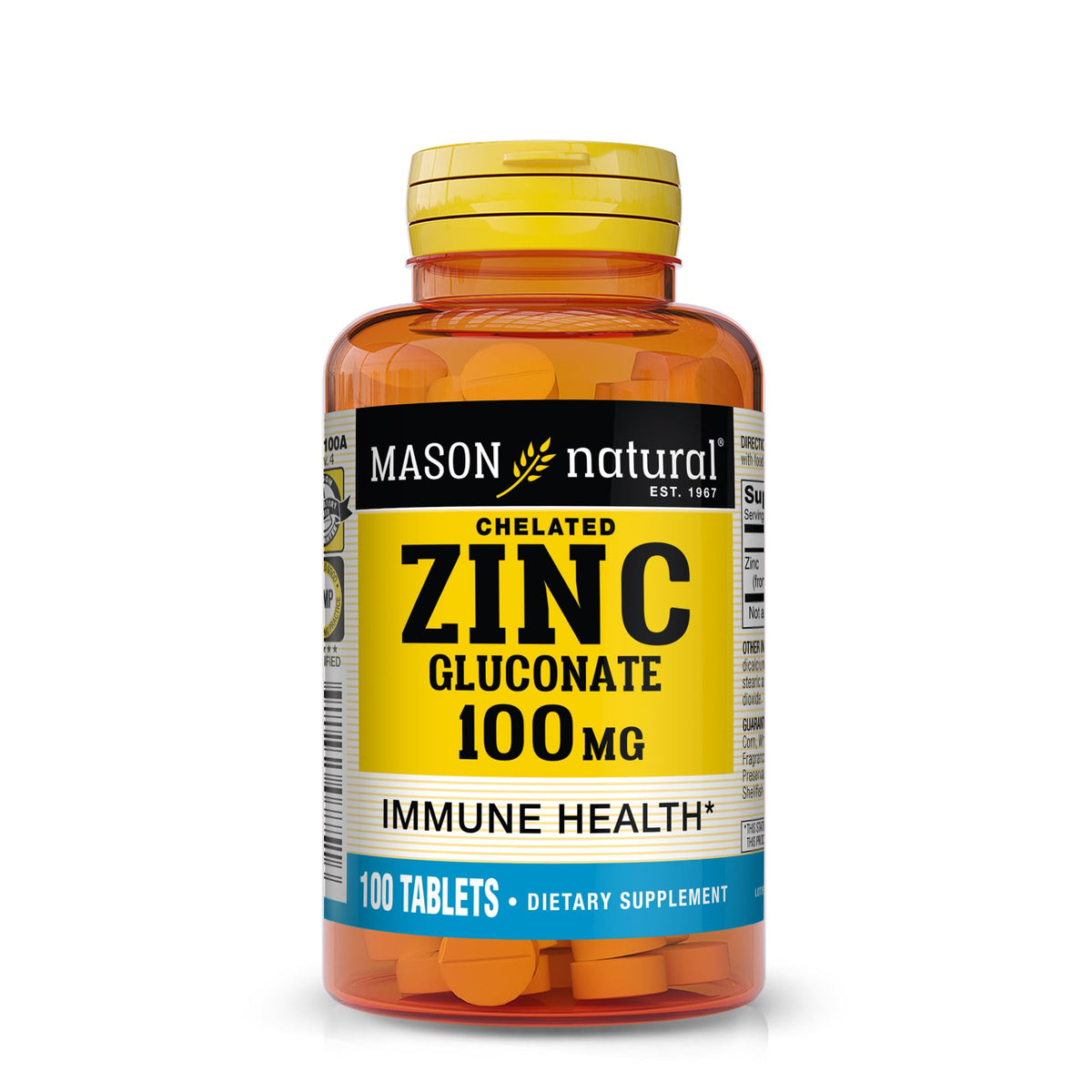 Mason Natural Zinc 100 mg, tablettes dans la boîte, soutien immunitaire potentiel.