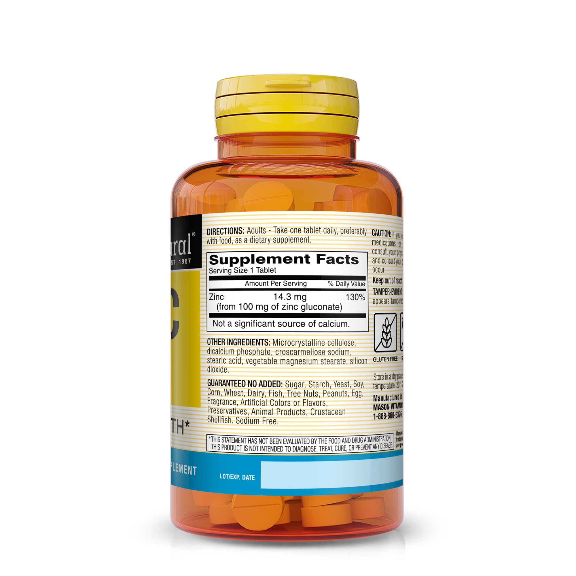 Mason Natural Zinc 100 mg, étiquette indiquant 100 mg, usage quotidien pratique.