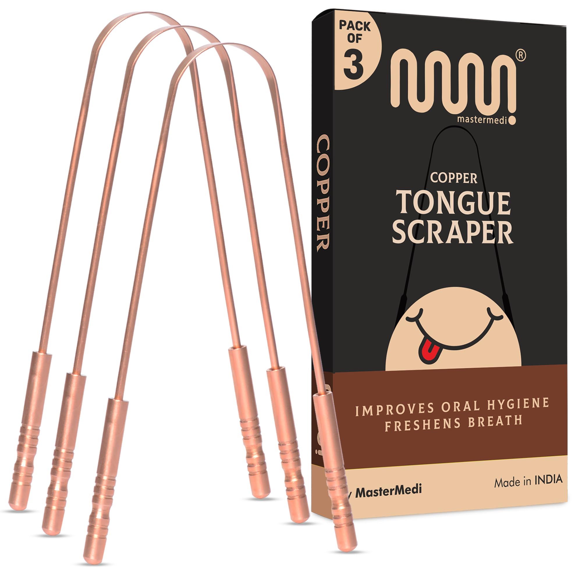 MasterMedi gratte-langue en cuivre pur avec prise ergonomique pour nettoyage facile.