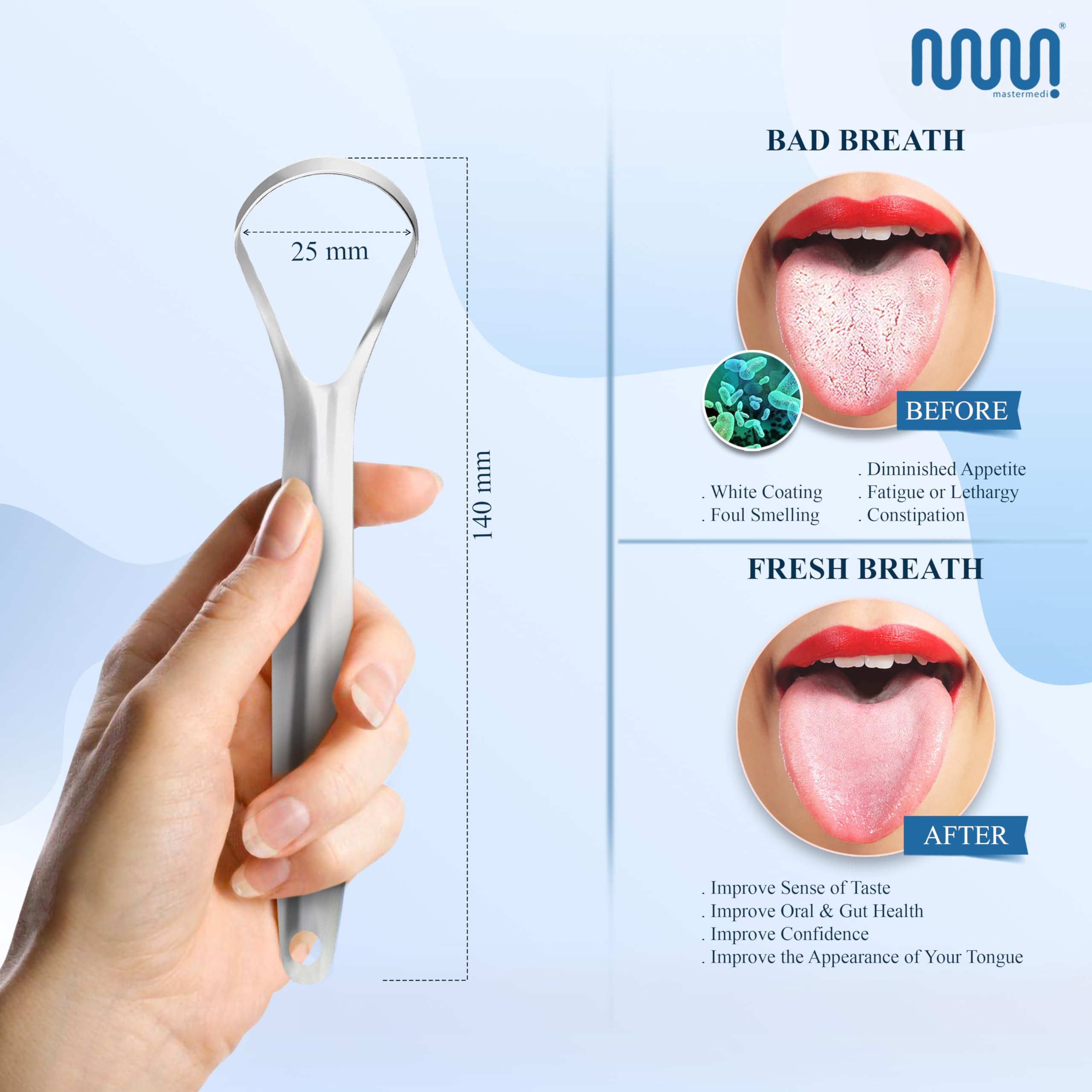 MasterMedi gratte-langue ergonomique en acier inoxydable, prise en main confortable.