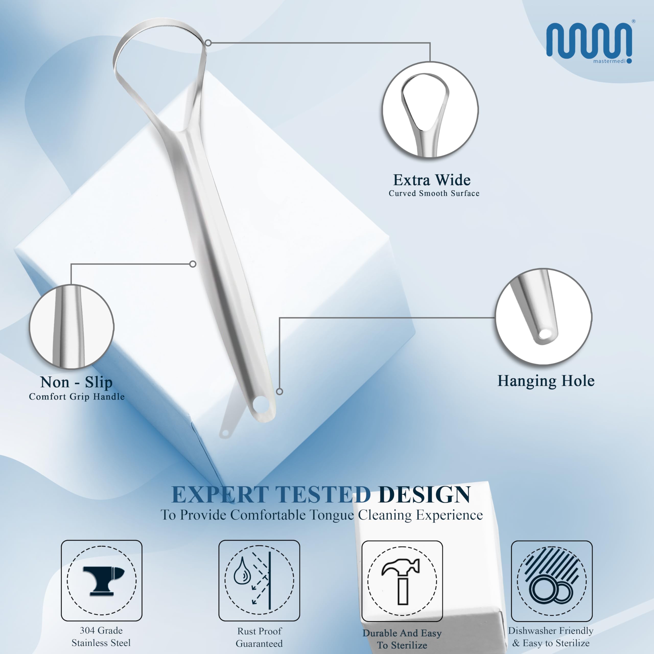 MasterMedi gratte-langue lot 3 avec étui, rangement pratique et hygiène en déplacement.