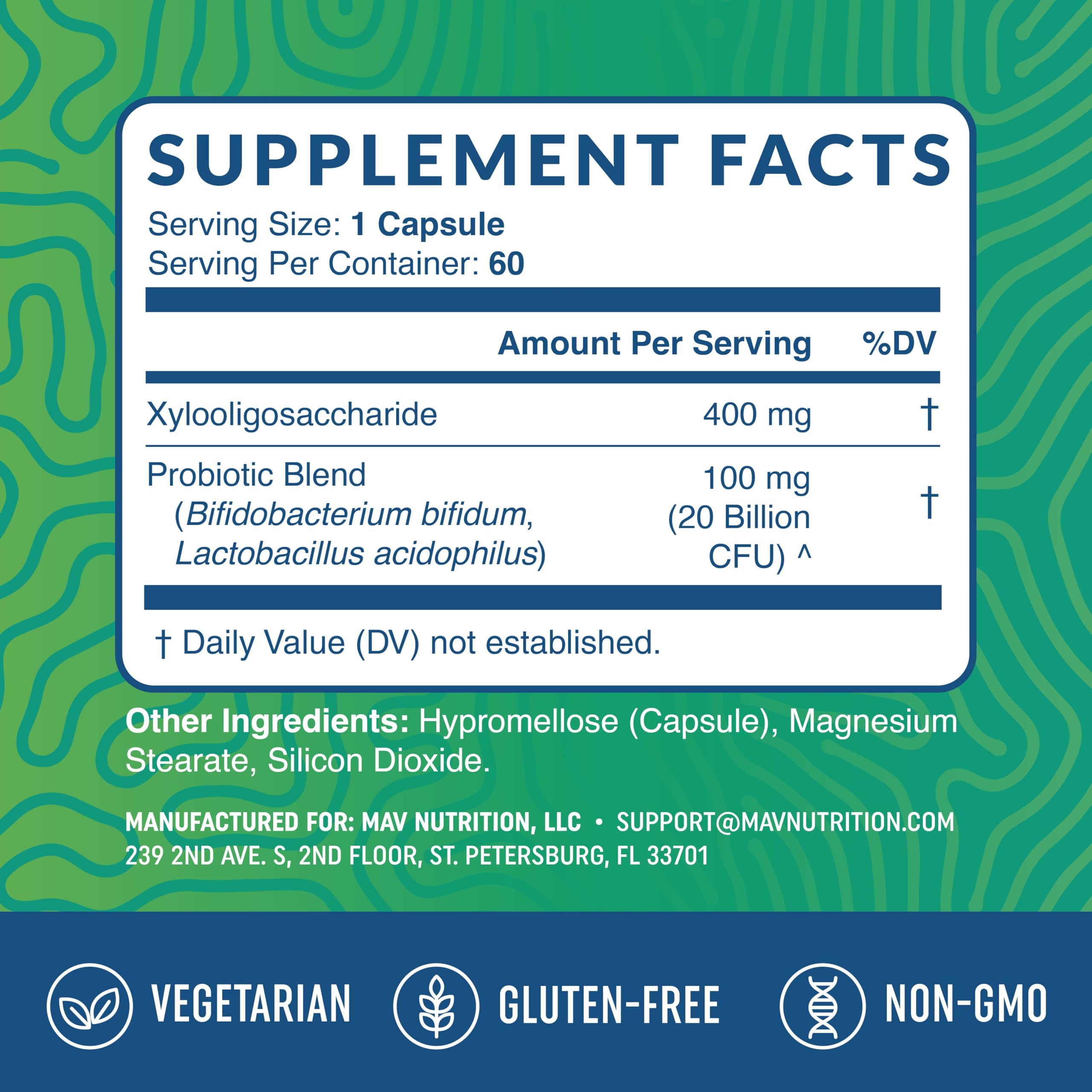 MAV NUTRITION Emballage-synbiotique : conditionnement robuste protégeant les capsules.