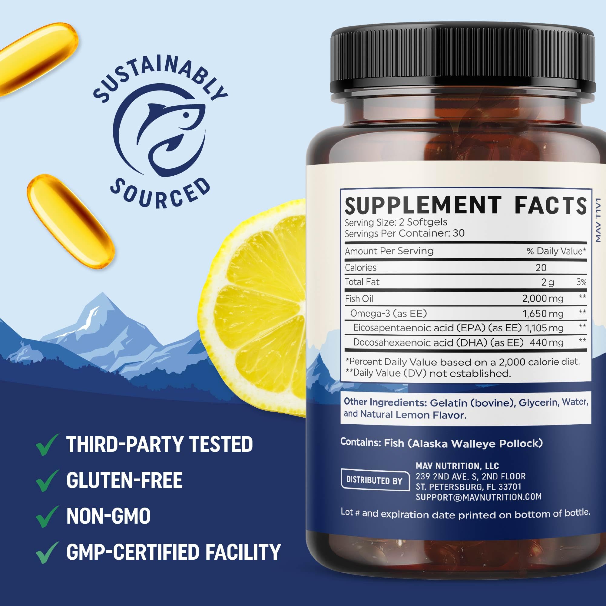 Capsules citron MAV Nutrition EPA Ultra, soutien des acides gras et équilibre nutritionnel.