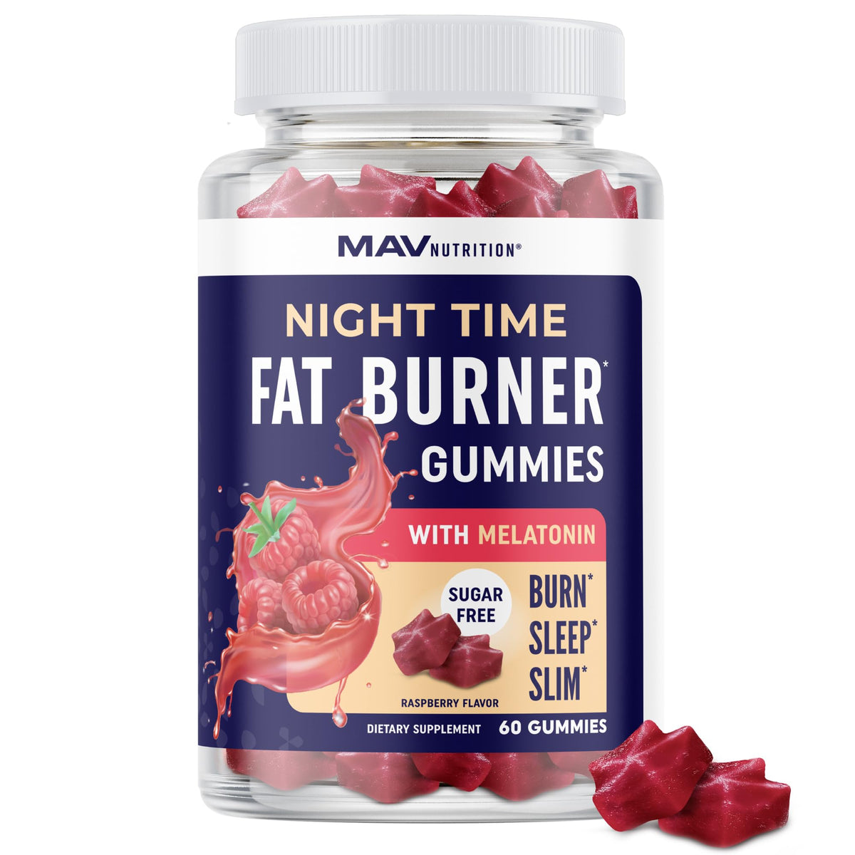 Gommes MAV Nutrition en bouteille, soutien nocturne pour brûler les graisses pendant le sommeil.