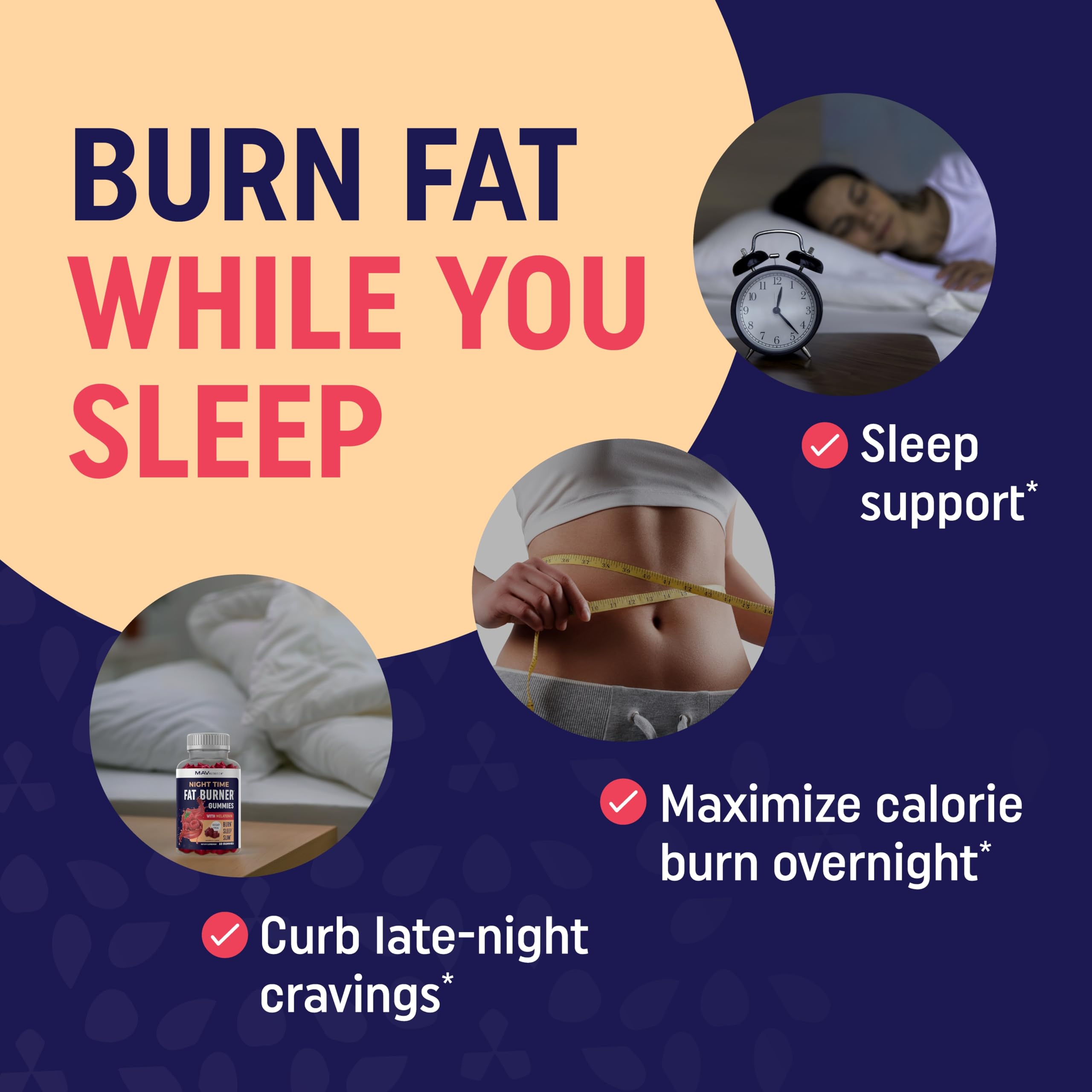 Gommes MAV Nutrition avec mélatonine, favorisant une transition douce vers le sommeil.