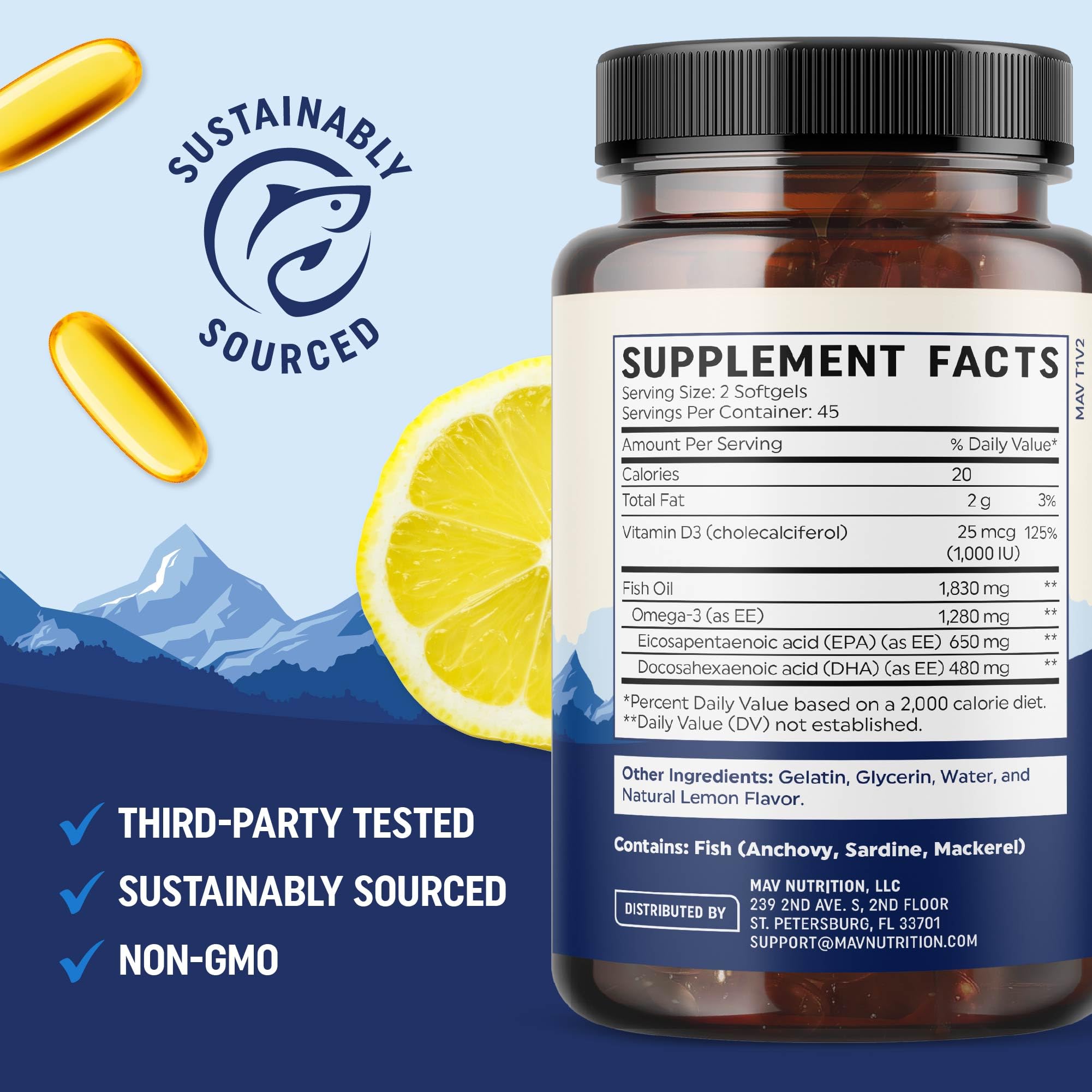 MAV Nutrition Omega-3 D3 – vitamine D3 1000 UI, soutien quotidien.