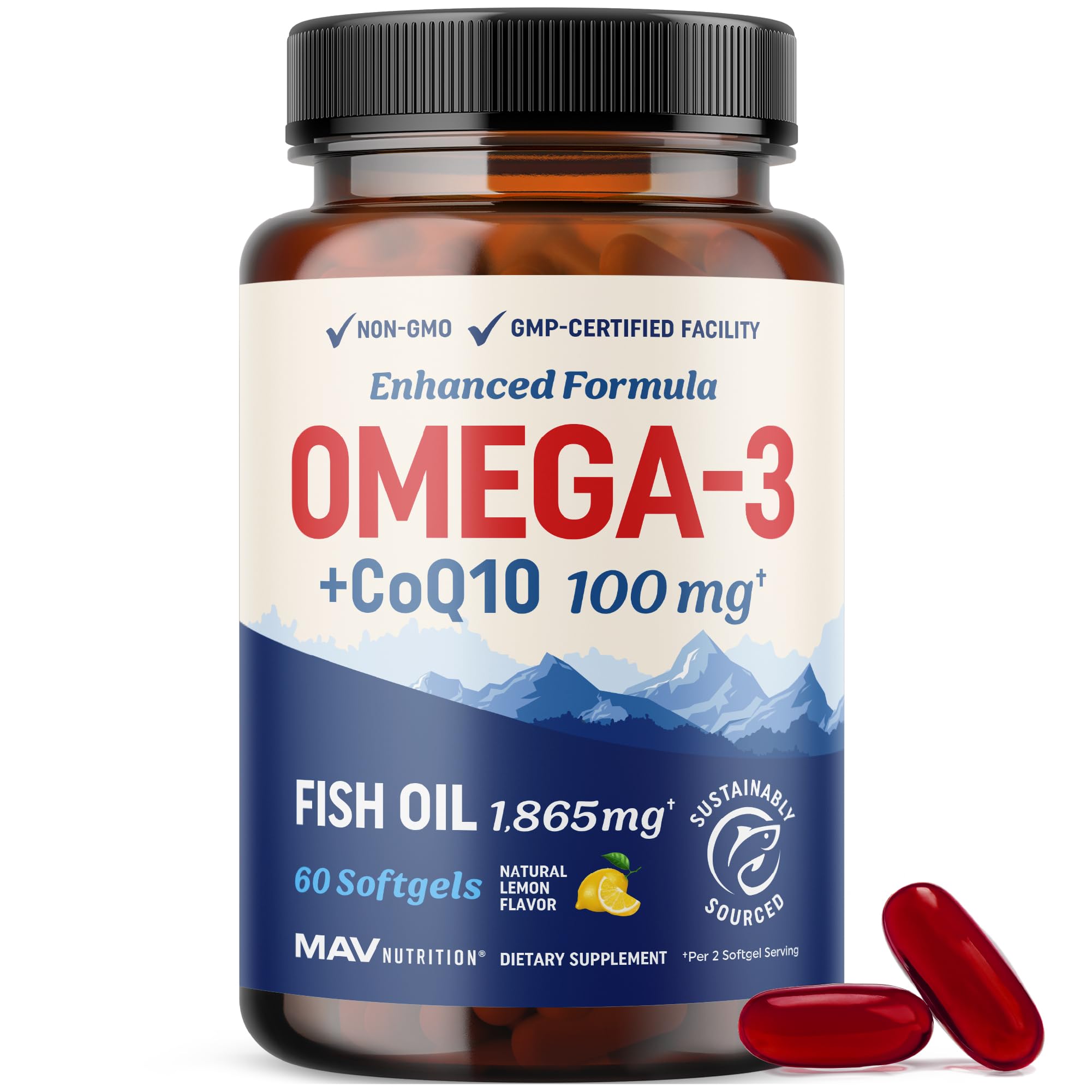 MAV NUTRITION Omega3 CoQ10 – bouteille visible, soutien potentiel pour la santé cardiaque.