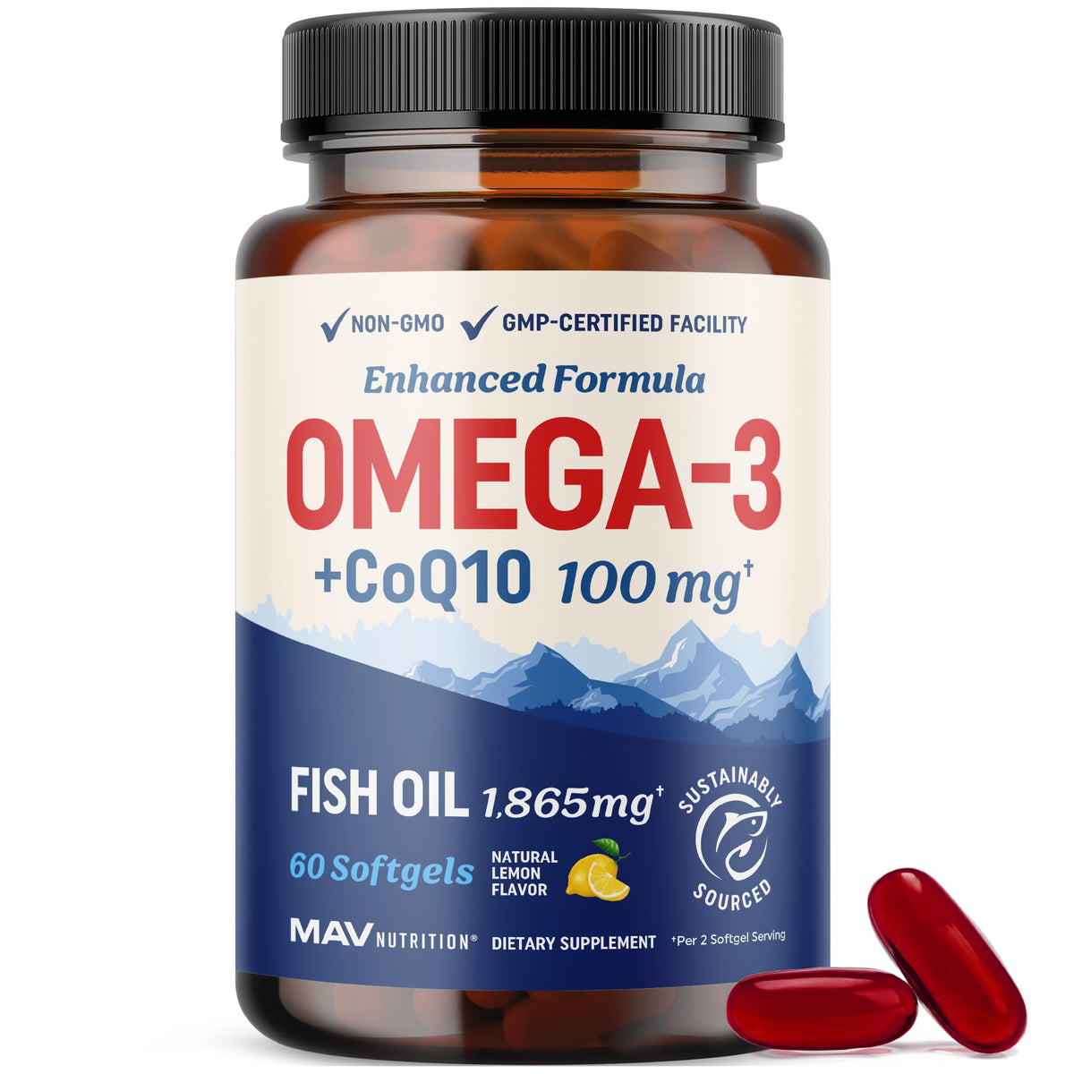 MAV NUTRITION Omega3 CoQ10 – bouteille visible, soutien potentiel pour la santé cardiaque.