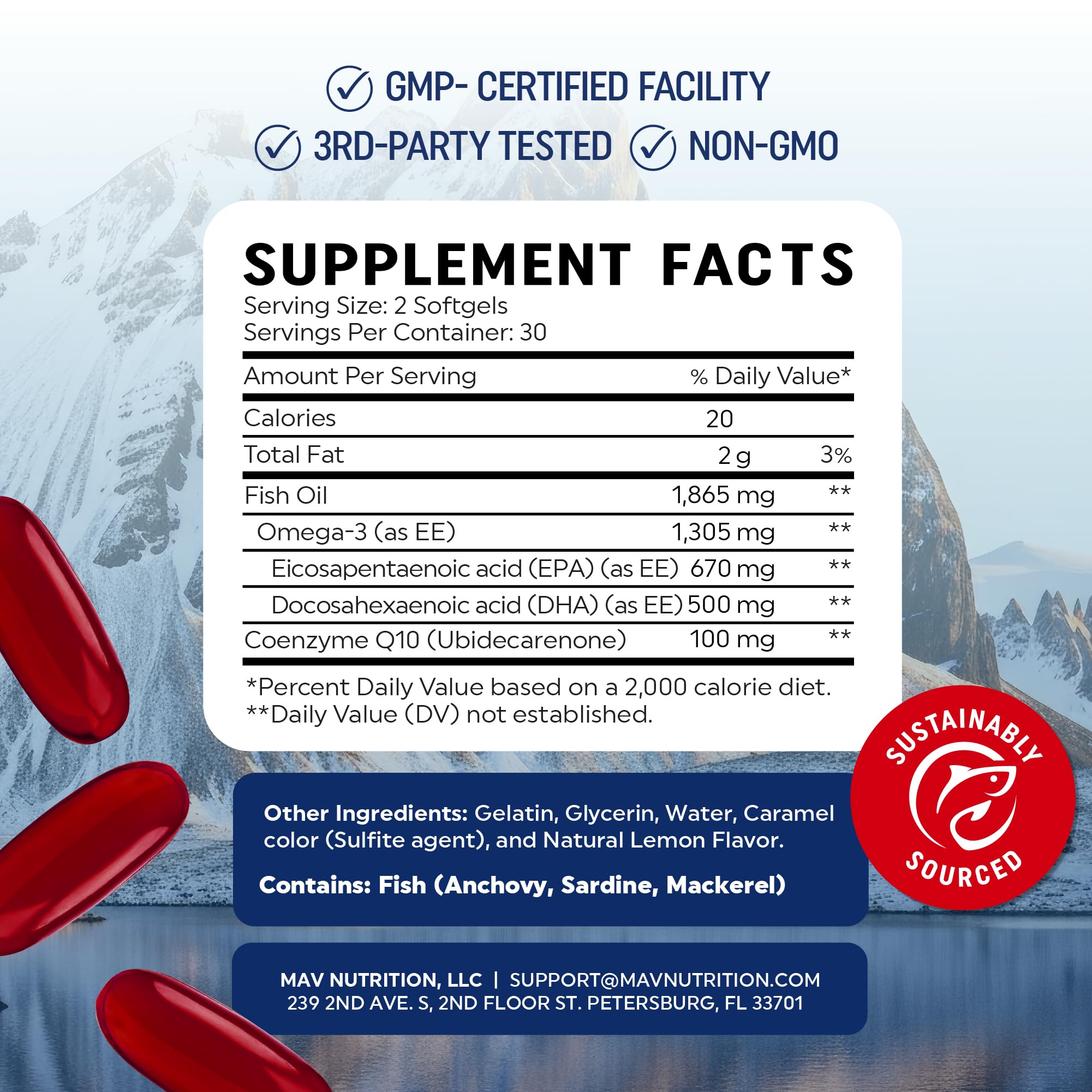 MAV NUTRITION Omega3 CoQ10 – étiquette lisible et engagement qualité.