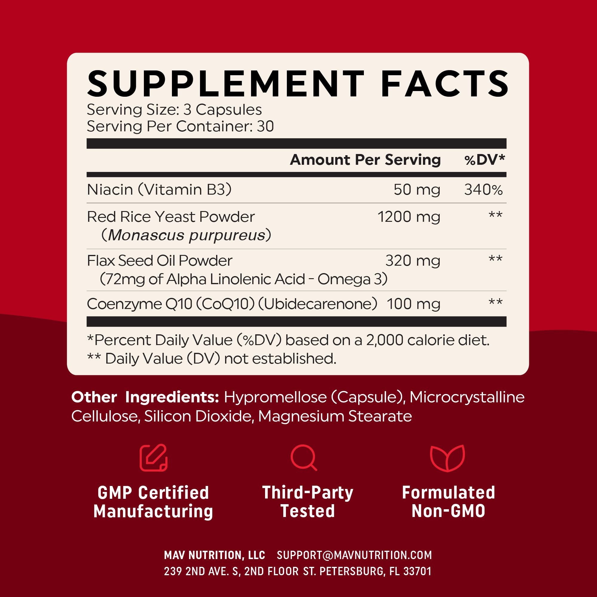 Boîte MAV Nutrition Sans Gluten Levure Rouge CoQ10 Omega3 pour tous.