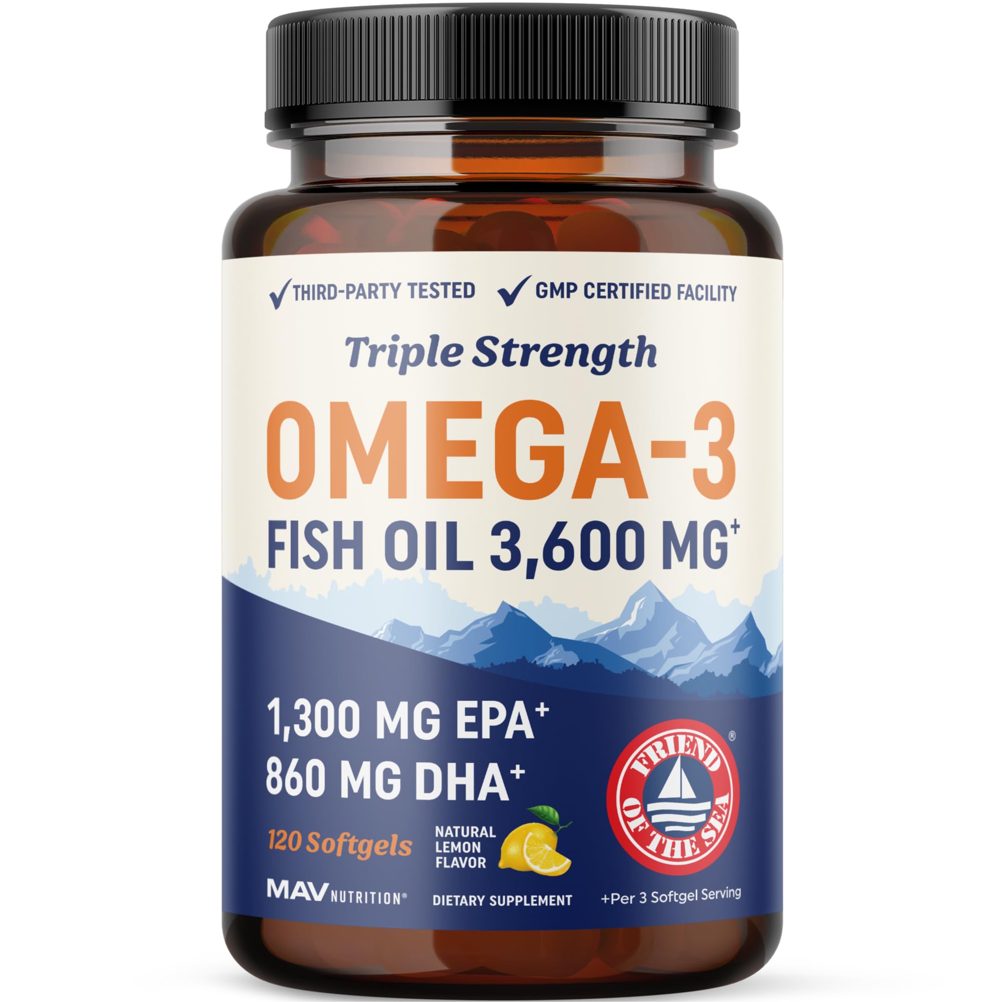 MAV NUTRITION triple force DHA Omega-3 en bouteille, soutien quotidien cerveau et vision.