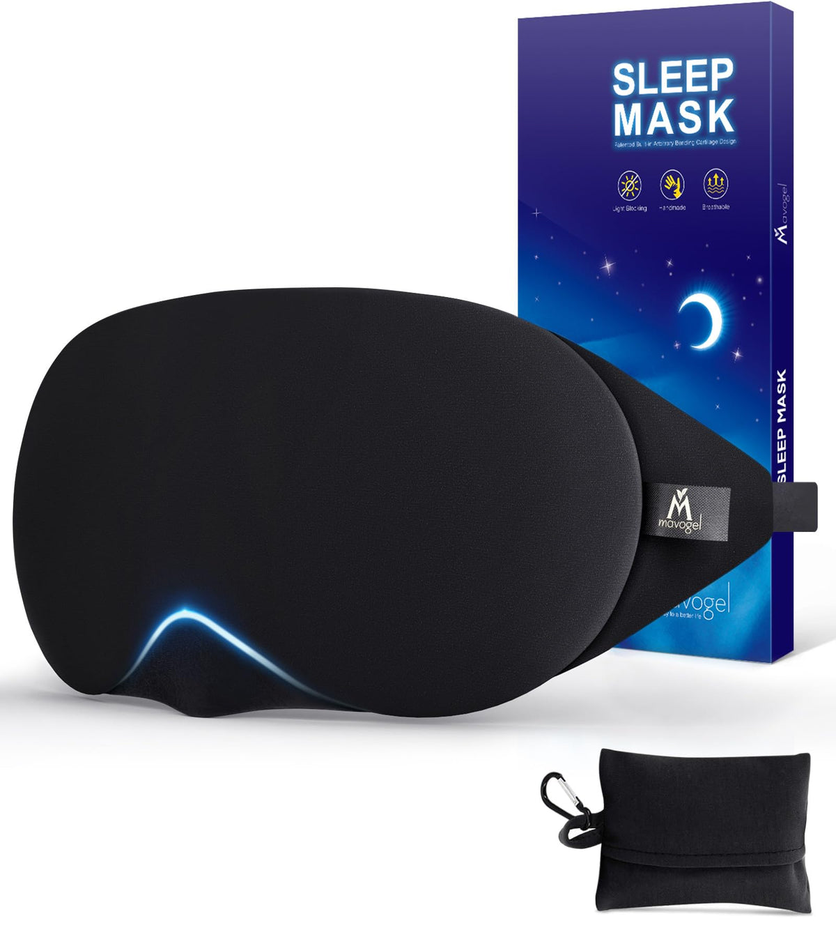 Masque yeux Mavogel avec pont nasal réglable, bloquant la lumière pour un sommeil confortable.