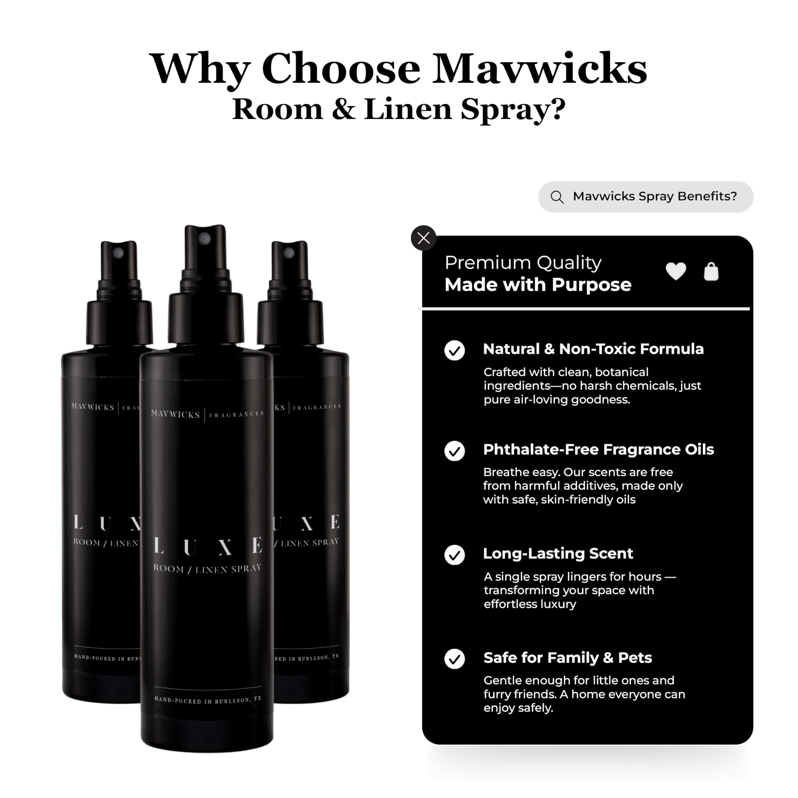 Mavwicks Luxe Brume Textiles 8oz: parfume canapés et rideaux sans résidu.
