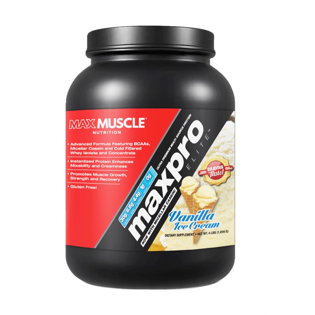 Max Muscle MaxPro Elite, tub vanille crème glacée, protéines multi-sources pour soutien musculaire.