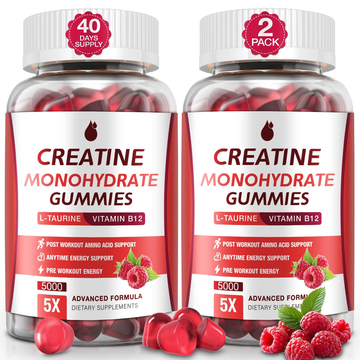 Gommes MaxHemp de créatine framboise dans une boîte, faciles à emporter.