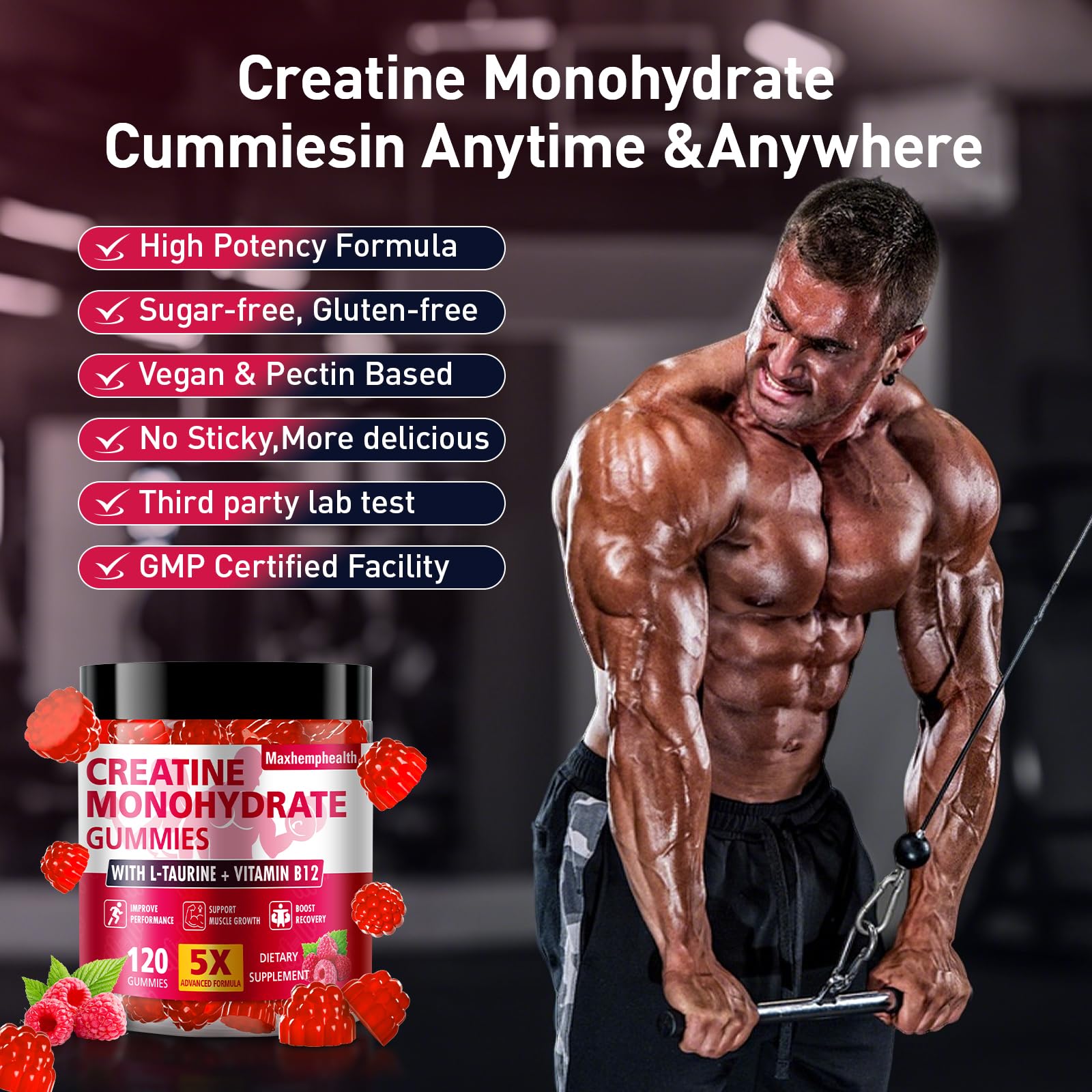 Produit adapté aux végétaliens et sportifs variés, Maxhemphealth Creatine Gummies framboise.