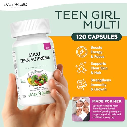 Maxi Health Vitamines adolescentes étiquette: aperçu clair des nutriments clés.