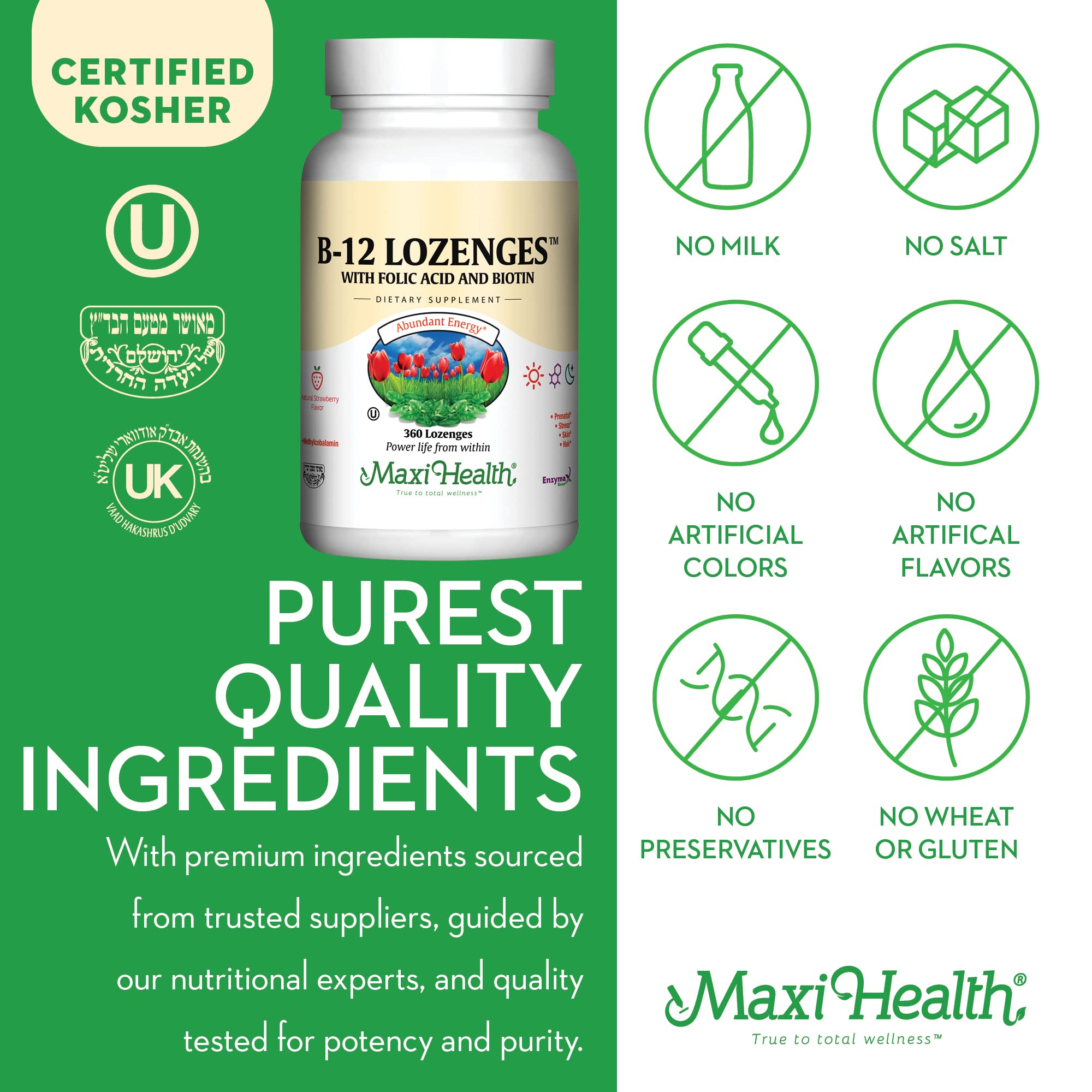 Formule Maxi Health B12: B12, Folate et Biotine pour soutien nutritionnel.