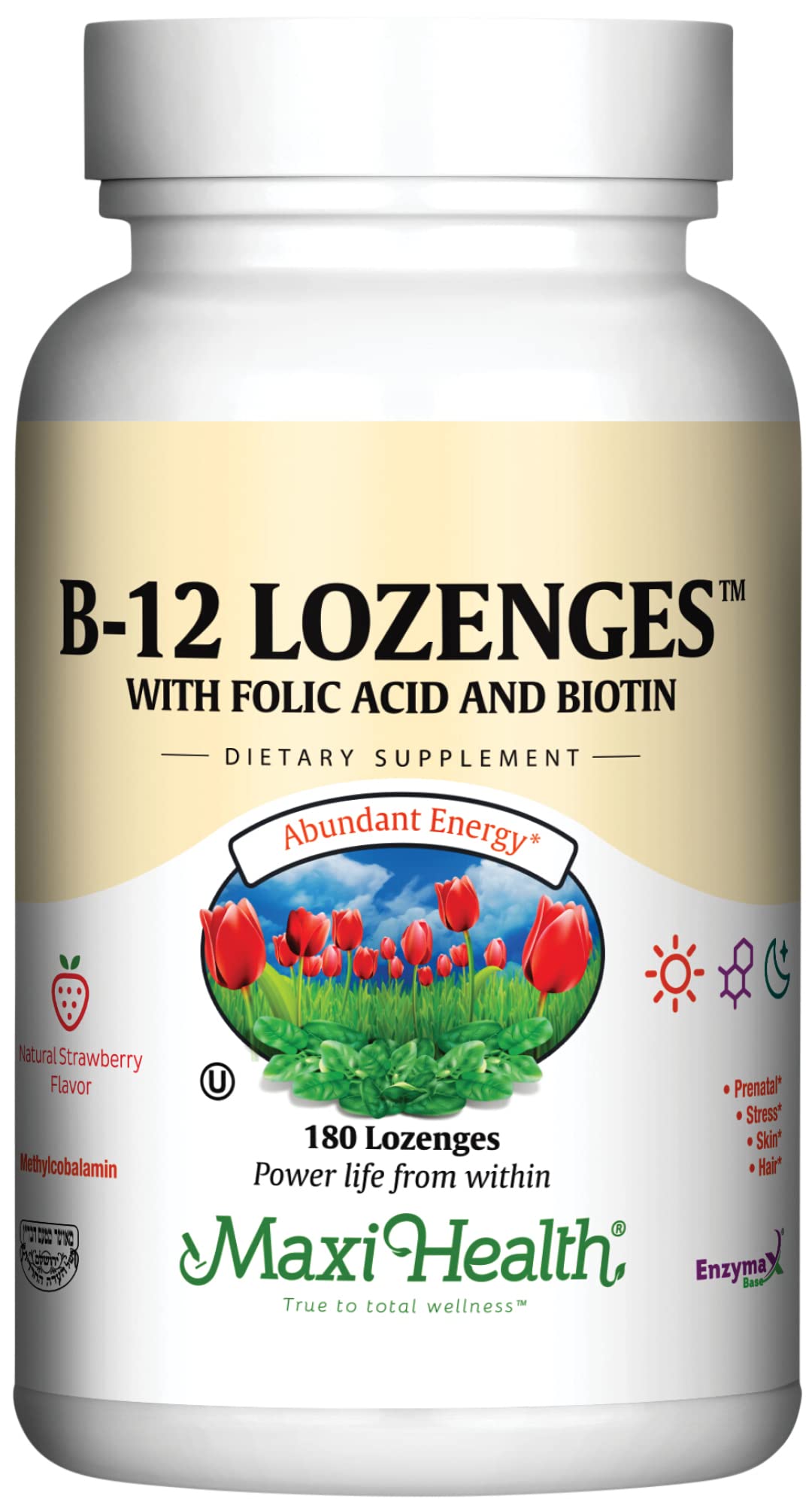 Pastilles Maxi Health B12 fraise emballage, énergie potentielle et routine quotidienne