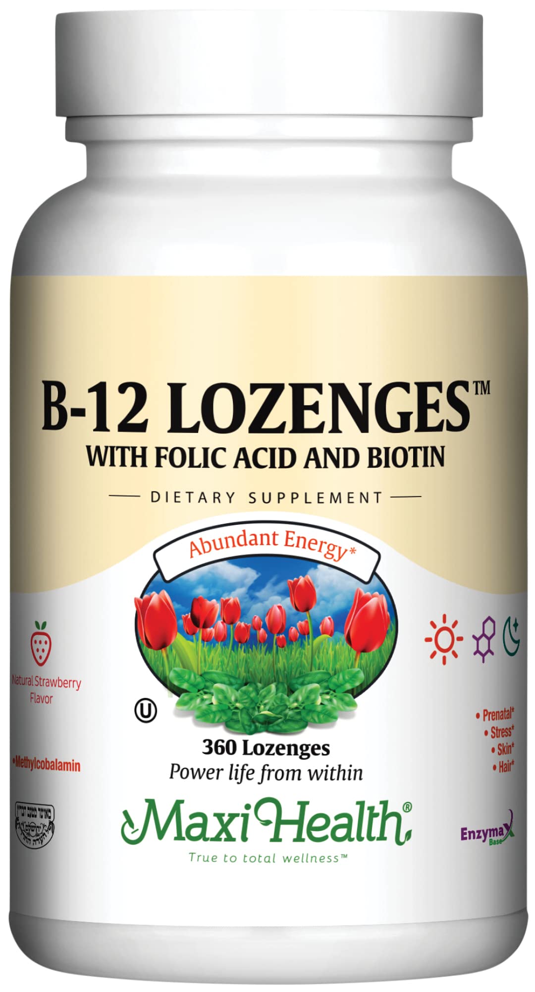 Pastilles Maxi Health B12 fraise – emballage pratique pour énergie quotidienne.