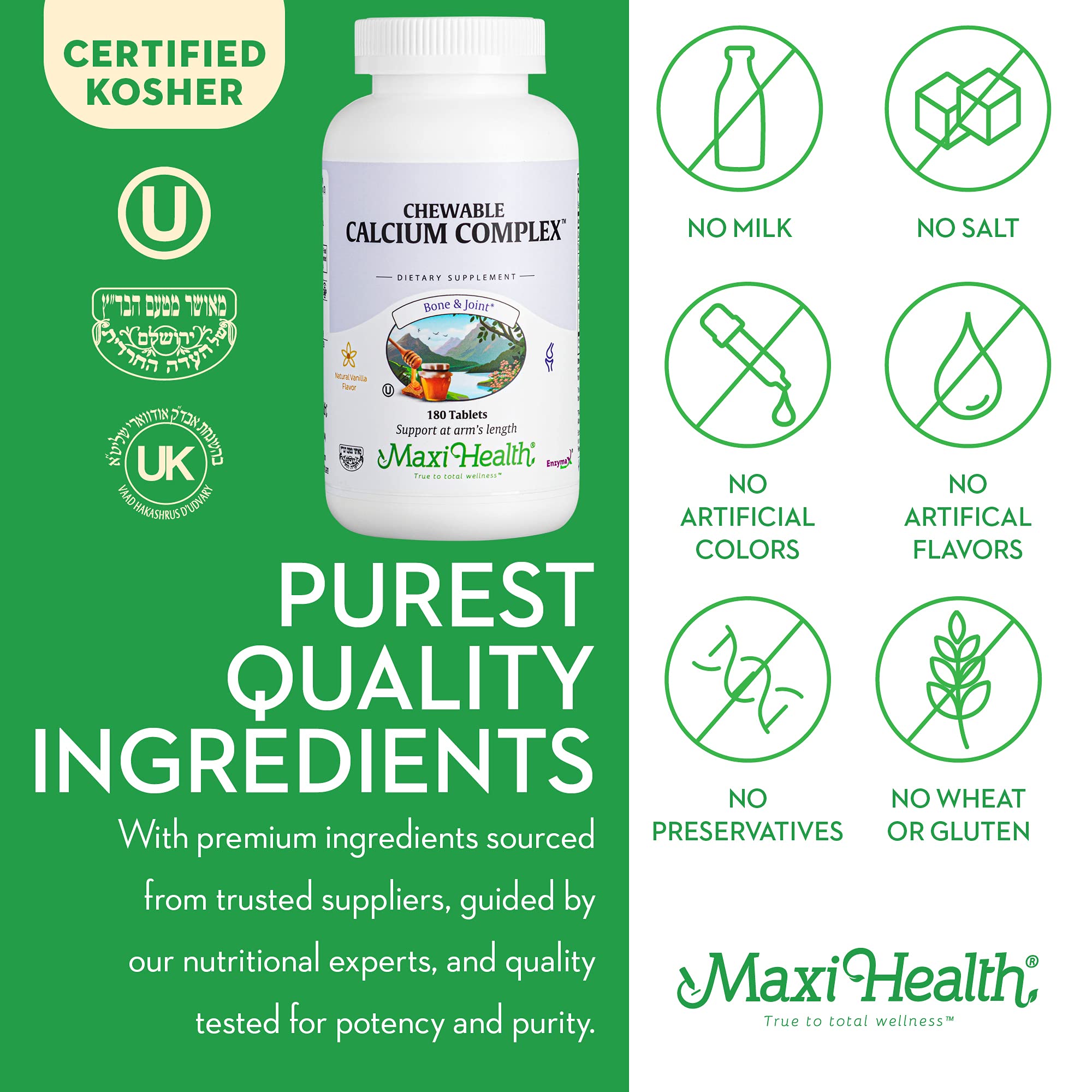 Dosage simple: quatre pastilles à croquer par jour avec Maxi Health Calcium Complex