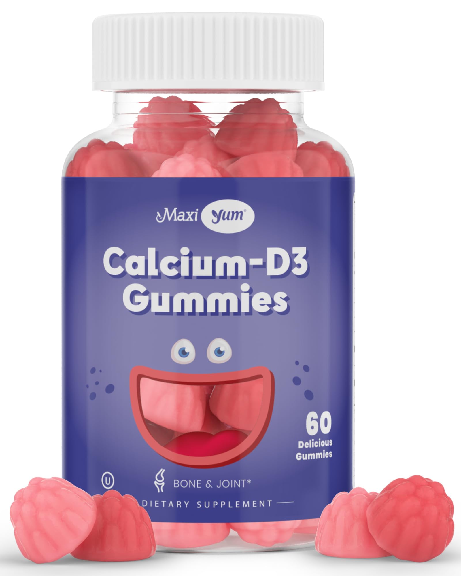 Gommes Maxi Health Calcium D3, bouteille, soutien potentiel des os et immunité.
