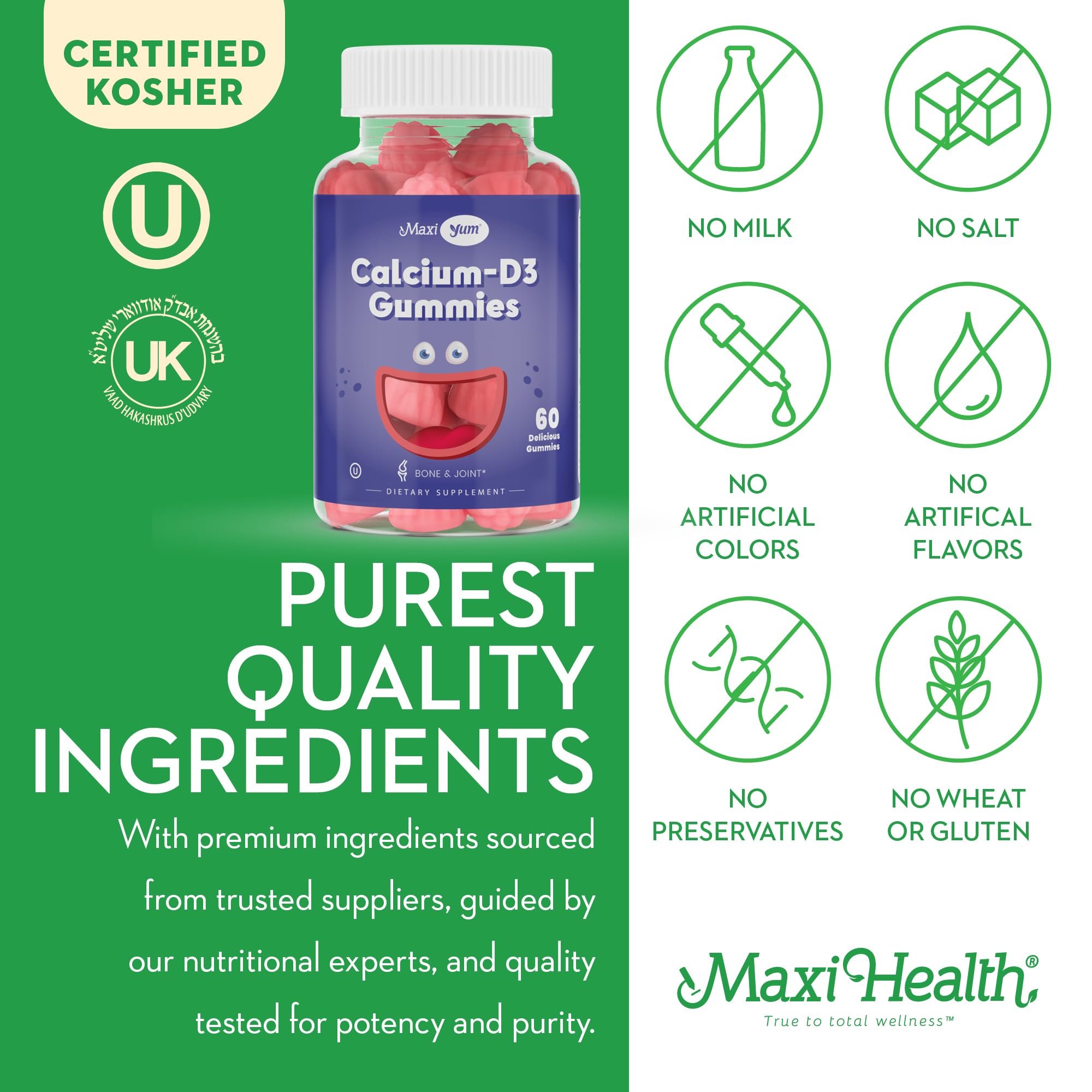 Gommes Maxi Health Calcium D3, enfants, goût cerise, soutiennent le développement des os.