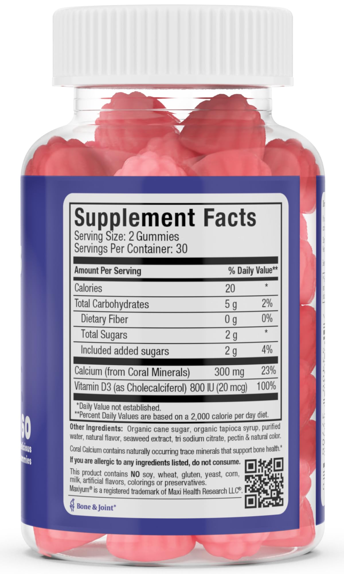 Maxi Health Calcium D3, boîte, calcium et D3 pour les os et les dents.