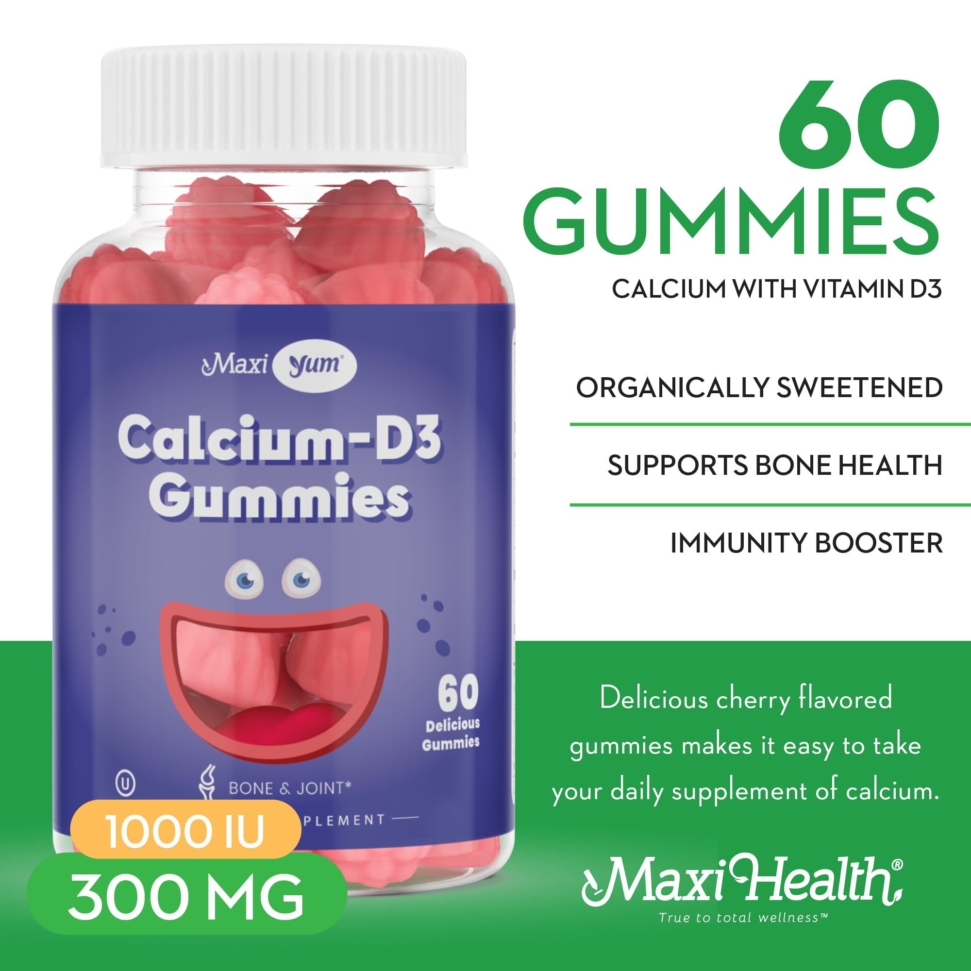 Maxi Health Calcium D3 gommes, oursons pour enfants, goût cerise, croissance osseuse.