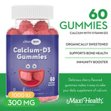 Maxi Health Calcium D3 gommes, oursons pour enfants, goût cerise, croissance osseuse.