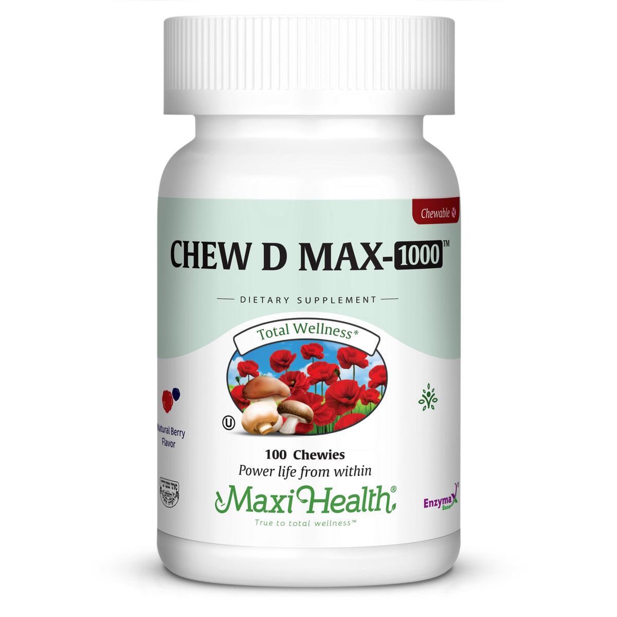 Gomme Maxi Health Chew D Max en bouteille, vitamine D3 1000 UI, saveur fruits des bois.