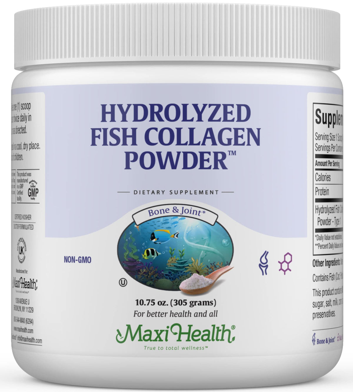 Maxi Health Collagen Peptides Poudre – bouteille prête à intégrer dans café ou smoothie.