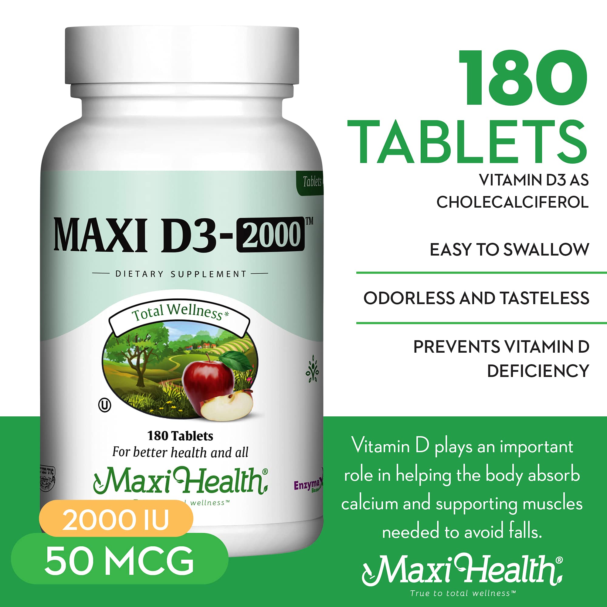 Maxi Health D3 2000IU - certifié casher et sans gluten, sans arômes artificiels.