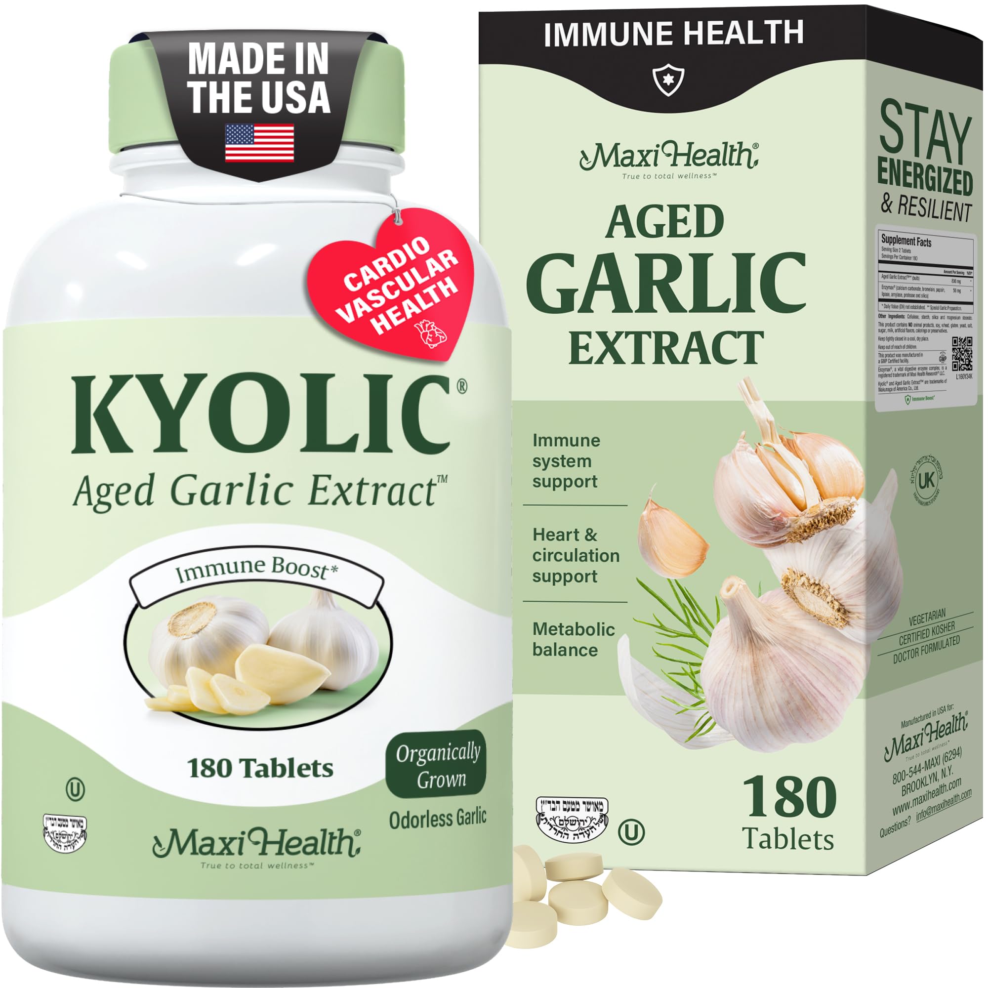 Emballage Maxi Health Kyolic mettant en valeur la certification kasher et les informations produit.