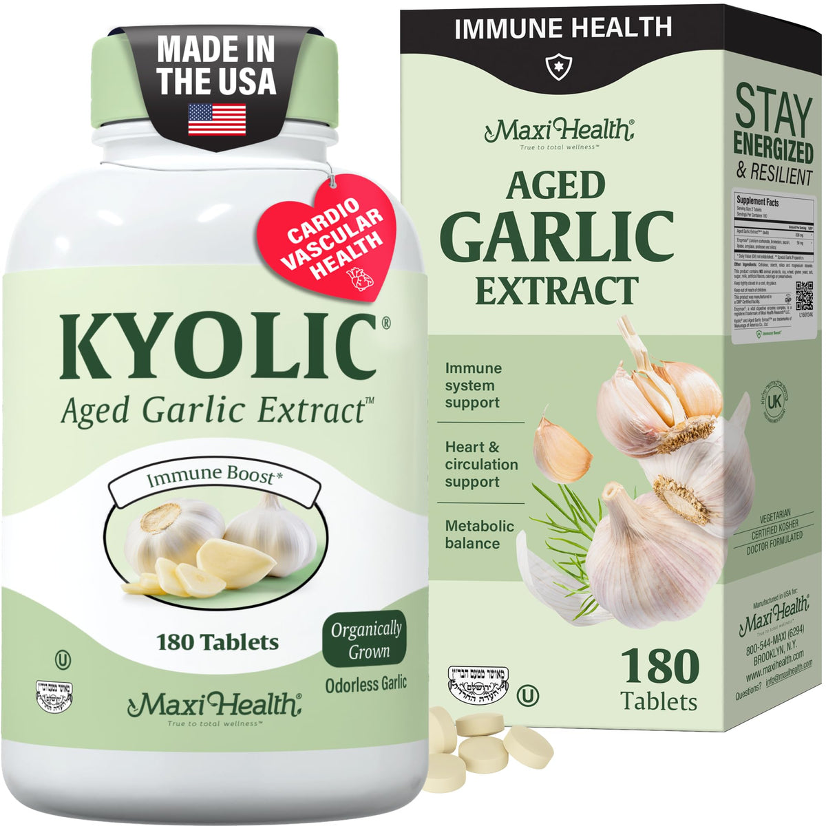Emballage Maxi Health Kyolic mettant en valeur la certification kasher et les informations produit.